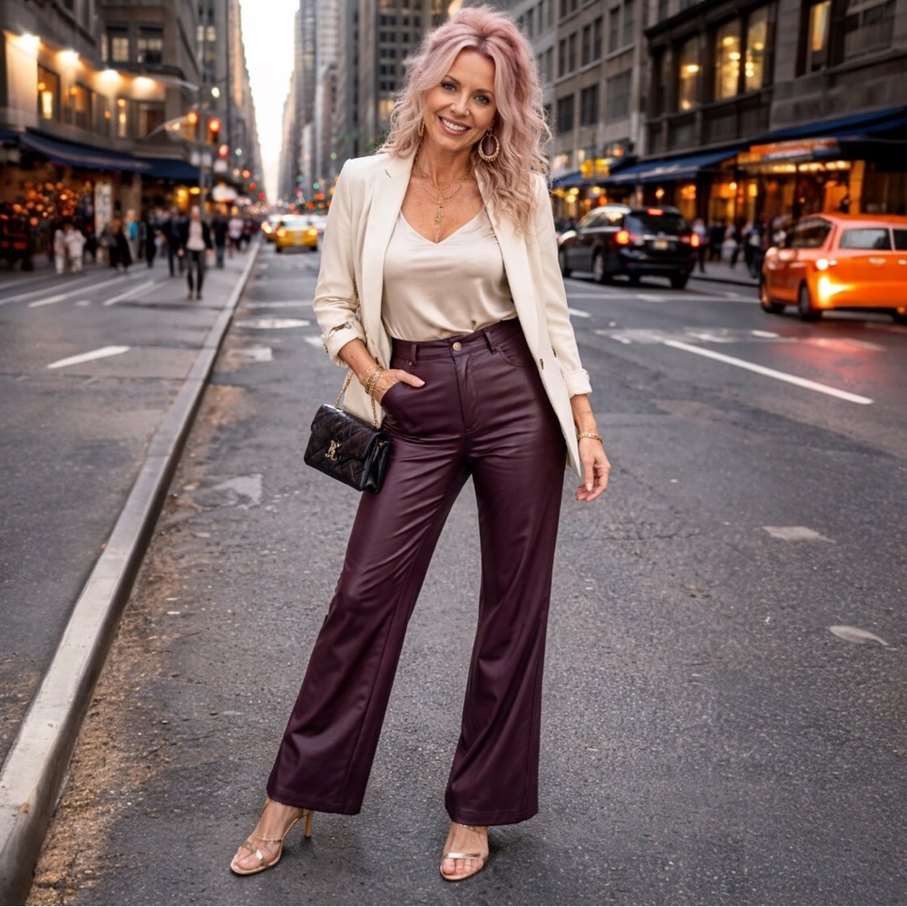 Garage Faux Leather Wide Leg High Rise Pants Burgundy Purple XS